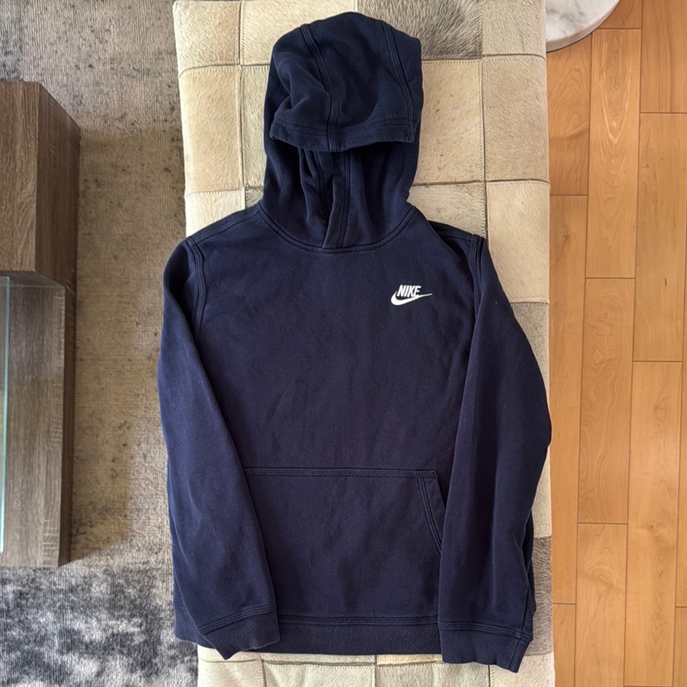 Nike navy Blue club fleece hoodie with Classic Design- youth plus wider body